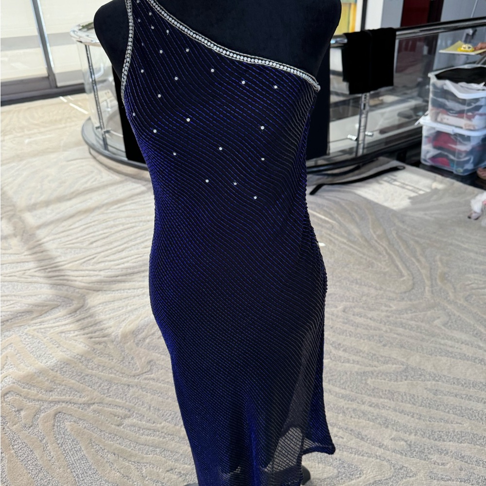 Vintage Tracy Mills One-Shoulder Dress in Deep Blue & Silver Hand Beaded - Picture 1 of 5